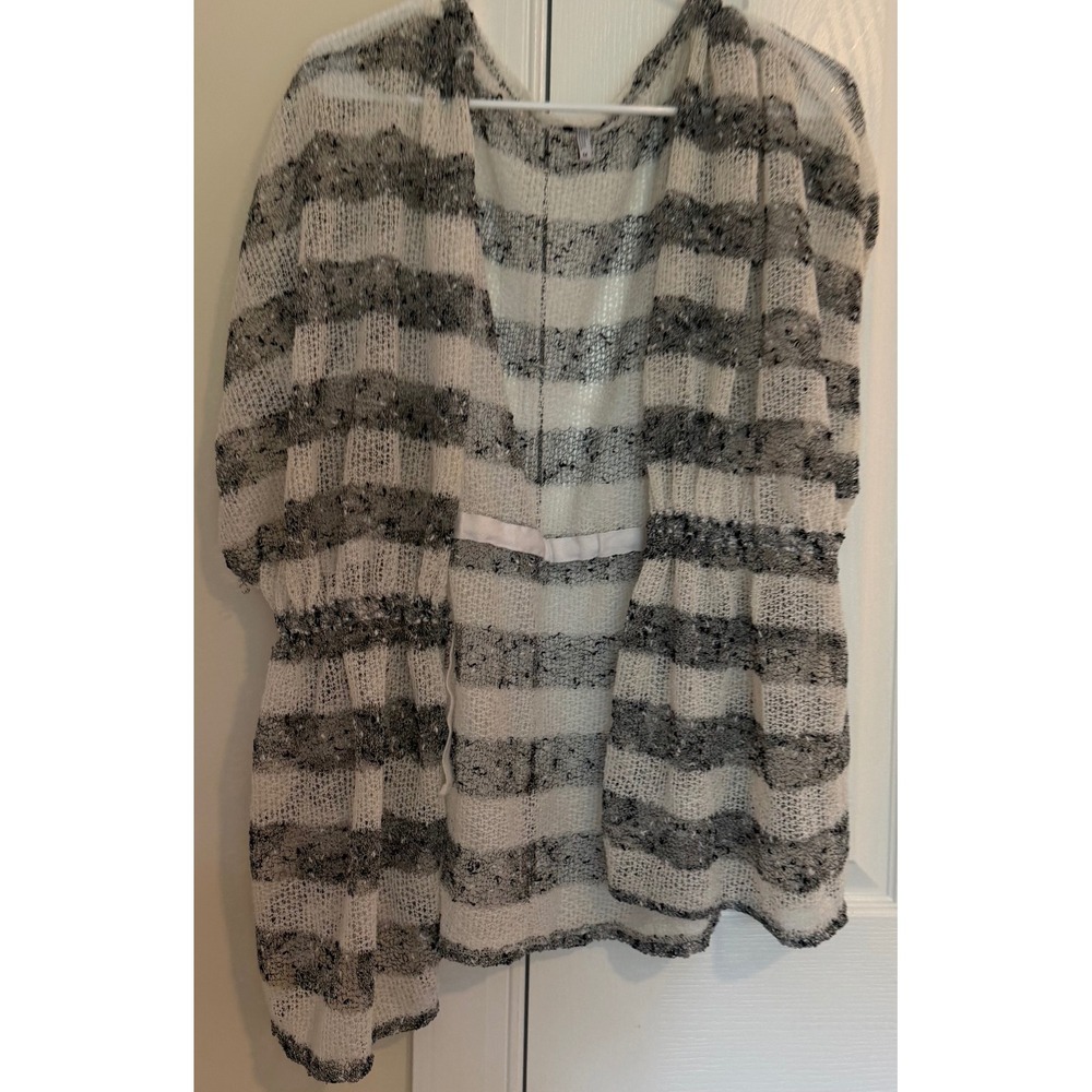 Unbranded Women Black White Striped Open Knit Cardigan Sweater  M Lightweight
